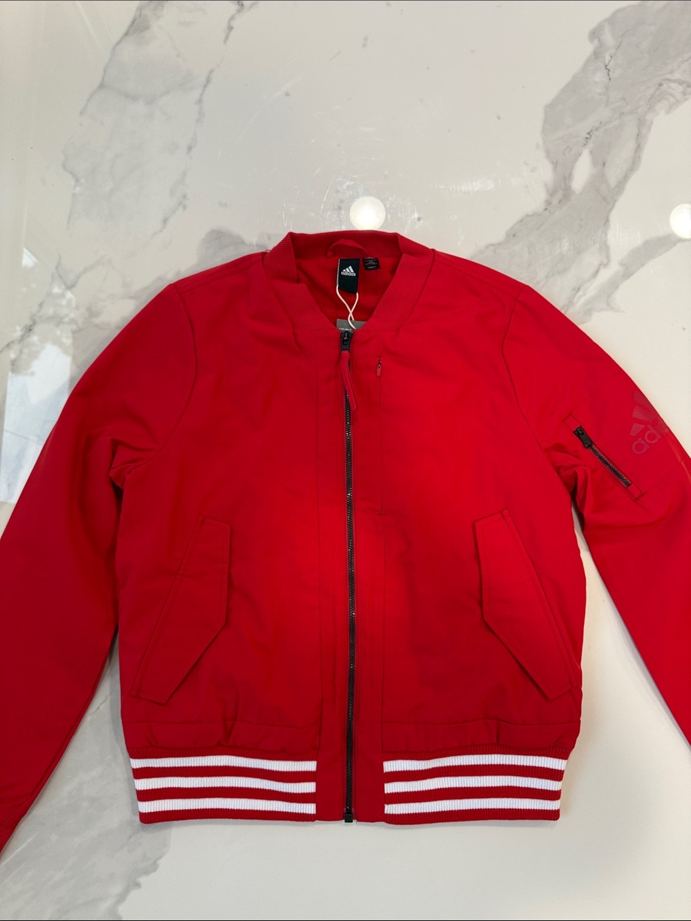 adidas Red women’s Bomber Jacket with Stripe Hem